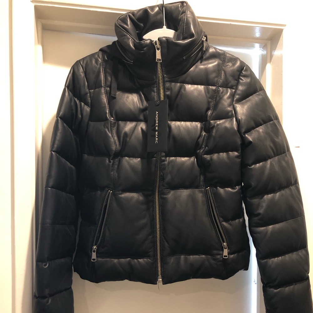 Andrew Marc 100% Black leather jacket with hood